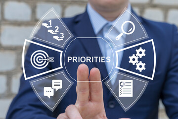 Concept of establishing and organizing priorities in business. Business person using virtual touch screen presses the word PRIORITIES. The order of priority in any activity is correct.