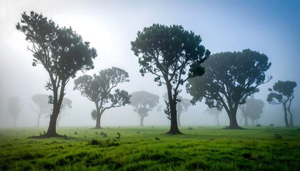 Fototapeta premium Misty morning landscape with tall trees
