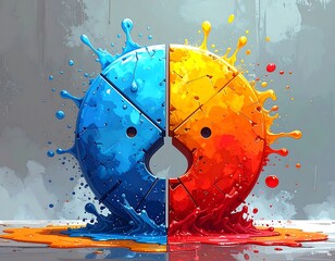 Half Blue Half Orange Division Symbol with Splash | Abstract Math Art