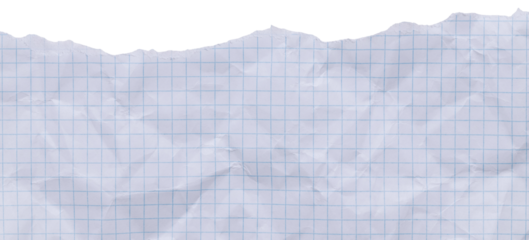 White crumpled texture of paper with blue grid, empty wrinkly background with torn edge