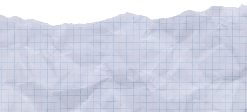 White crumpled texture of paper with blue grid, empty wrinkly background with torn edge