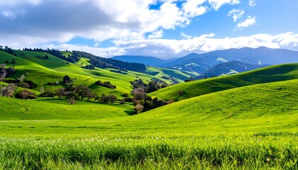 Fototapeta premium Lush green hills under a partly cloudy sky