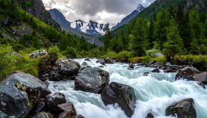 A rushing mountain stream flows over dark rocks amidst lush green forests and a backdrop of snow-capped peaks, creating a tranquil and inspiring landscape.