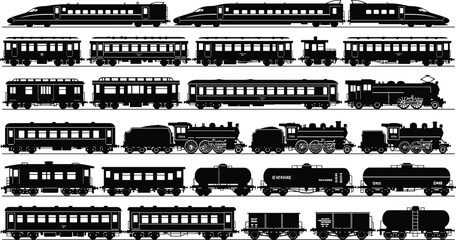 Train silhouettes, high‑speed trains, steam locomotives, passenger railcars, freight cars, caboose, tank car, hopper car, railway transportation, black vector illustration, vintage and modern ©  Creative Crafter