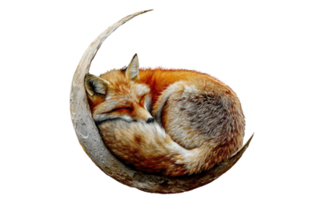 A red fox peacefully sleeps curled on a crescent moon against a transparent background. background removed