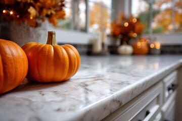 Two pumpkins sit on a kitchen counter decorated for the fall holidays, creating a warm and festive atmosphere