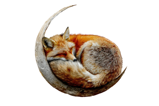 A red fox peacefully sleeps curled on a crescent moon against a transparent background. background removed