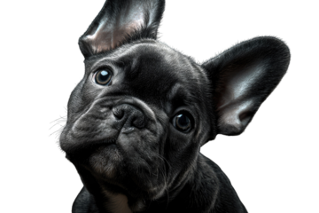 Adorable black French Bulldog puppy portrait against a dark background, tilting its head inquisitively. background removed