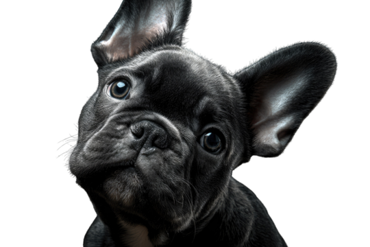 Adorable black French Bulldog puppy portrait against a dark background, tilting its head inquisitively. background removed