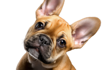Adorable fawn French Bulldog puppy with big ears, tilting its head inquisitively. background removed