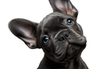 Adorable blue-eyed French Bulldog puppy, tilted head, curious expression, dark background. background removed