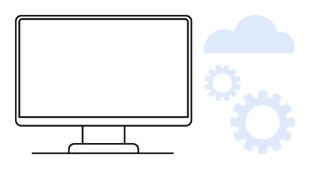 Computer monitor with cloud and gear symbols representing technology, system processes, and cloud computing. Ideal for data management, IT, innovation, digital strategy, workflow, software simple