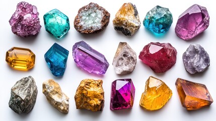 Vibrant collection of colorful gemstones and crystals arranged on a white background.