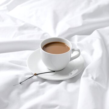 A cup of coffee on white sheets