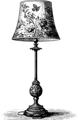 Vintage engraving style illustration of a floor lamp with floral design for home decor