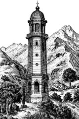 Obraz premium Vintage engraving style illustration of historical fortress tower in mountain landscape
