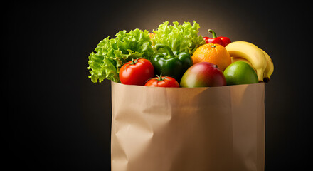 Paper bag filled with fresh vegetables and fruits such as broccoli, lettuce, oranges, apple, cucumber, and strawberries on black background.