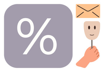 Large percentage symbol in a purple box, envelope in the corner, hand holding a smiling mask. Ideal for marketing, discount, communication, identity, anonymity, offers simple flat metaphor