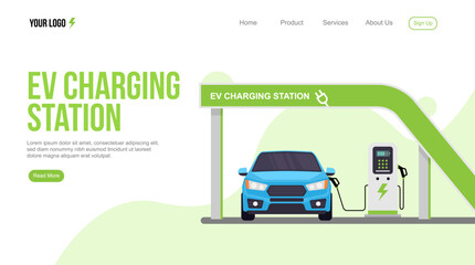Website landing page of an EV charging station with a blue electric car, canopy, and charger. Clean energy, smart technology, and sustainable transport concept.