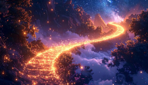 A luminous pathway winds through a fantastical mountain landscape, illuminated by ethereal fireflies and starlight.
