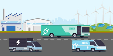 Electric cargo fleet with truck, van, and bus in front of factories, wind turbines, and solar panels, symbolizing clean energy, eco friendly logistics, and sustainable transport.