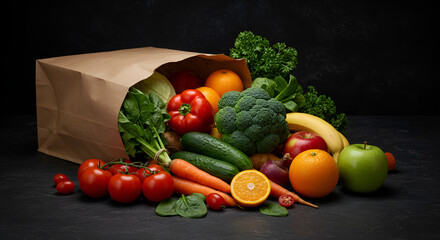 Paper bag filled with fresh vegetables and fruits such as broccoli, lettuce, oranges, apple, cucumber, and strawberries on black background.