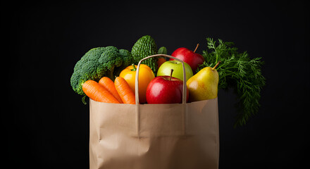 Paper bag filled with fresh vegetables and fruits such as broccoli, lettuce, oranges, apple, cucumber, and strawberries on black background.