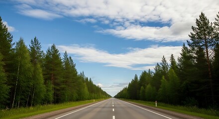 Scenic road disappearing into the horizon under a cloudy sky surrounded by lush greenery