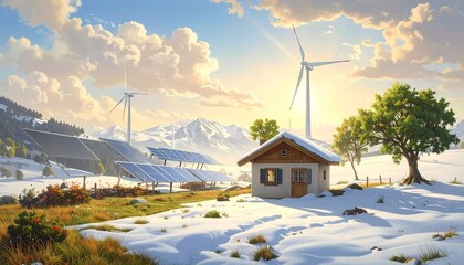 A picturesque winter landscape showcases a charming small house nestled amidst snow-covered hills, featuring solar panels and a wind turbine, bathed in the soft light of a sunrise.