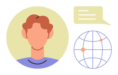 Minimalist design featuring a person, speech bubble, and globe with nodes. Ideal for communication, networking, global reach, technology, connection, international interaction simple flat metaphor