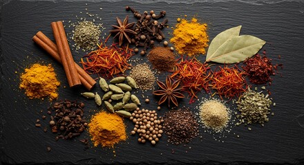Aromatic Spices and Herbs Collection: Vibrant Turmeric, Saffron Threads, Cinnamon Sticks, Star Anise, Cloves, Cardamom Pods, Coriander Seeds, and More - Culinary Photography for Food Blogs, Cookboo...
