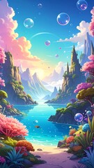 A vibrant, colorful landscape with a serene river, mountains, and whimsical bubbles fills the scene, showcasing a fantasy setting.