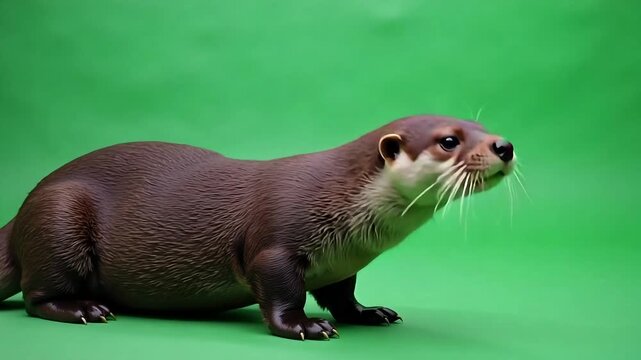 Playful otter peeking curiously against vibrant green screen background ready for any video production or animation project