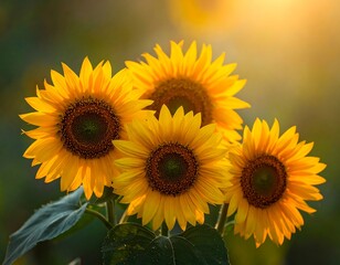 Three vibrant sunflowers, radiating golden light, display their bright yellow petals against a soft, blurred background at sunset.