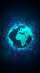 ** A stylized teal Earth globe encased in a vibrant network of interconnected nodes and lines, suggesting global connectivity and digital technology. Dark blue background enhances the futuri