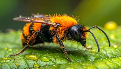 Fototapeta premium Close-up of a vibrant orange and black fuzzy bee resting on a dewy leaf, showcasing intricate details and bright colors.