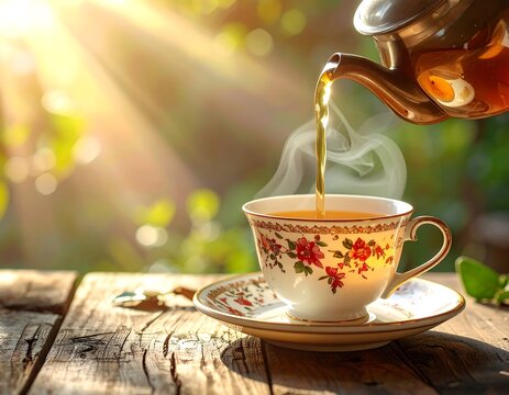 A cup of tea poured in the morning sun