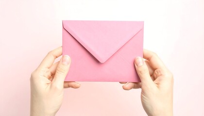 Fototapeta premium Pink envelope held by hands against a pastel background
