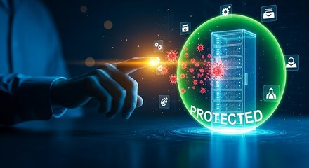 Antivirus protection concept. A hand points to a server hologram protected by a green forcefield that disintegrates red virus icons, with "PROTECTED" text.