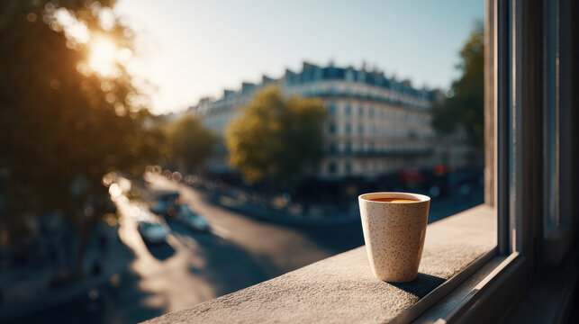 cozy window scene featuring warm coffee cup on sill overlooking street below