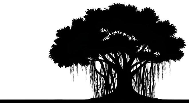 Silhouette of a large banyan tree with hanging roots and dense branches, standing firmly on plain white background.