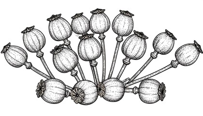 Detailed line drawing of dried poppy seed pods, arranged fan-like