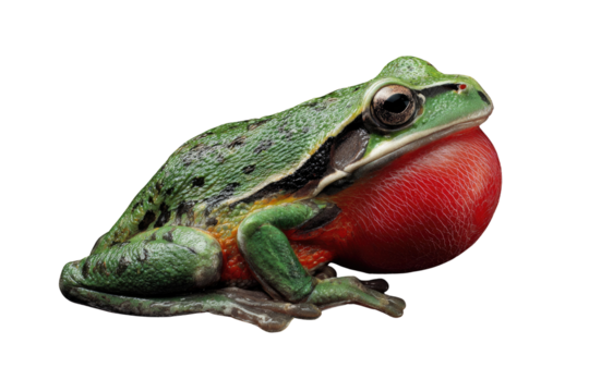 Vibrant green tree frog with a striking red throat pouch, isolated on transparent background. background removed