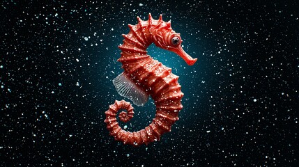 Detailed Red Seahorse Floating in Deep Blue Ocean with Sparkling Bubbles Undersea