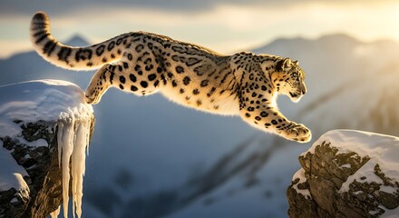 A majestic snow leopard leaps across a snowy chasm in the Himalayas, bathed in the warm glow of the setting sun.