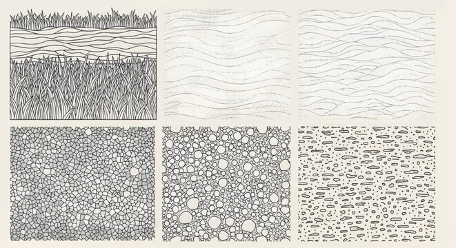 Set of six seamless nature-inspired textures including grass, soil, stone, and organic line patterns for design and mapping use.