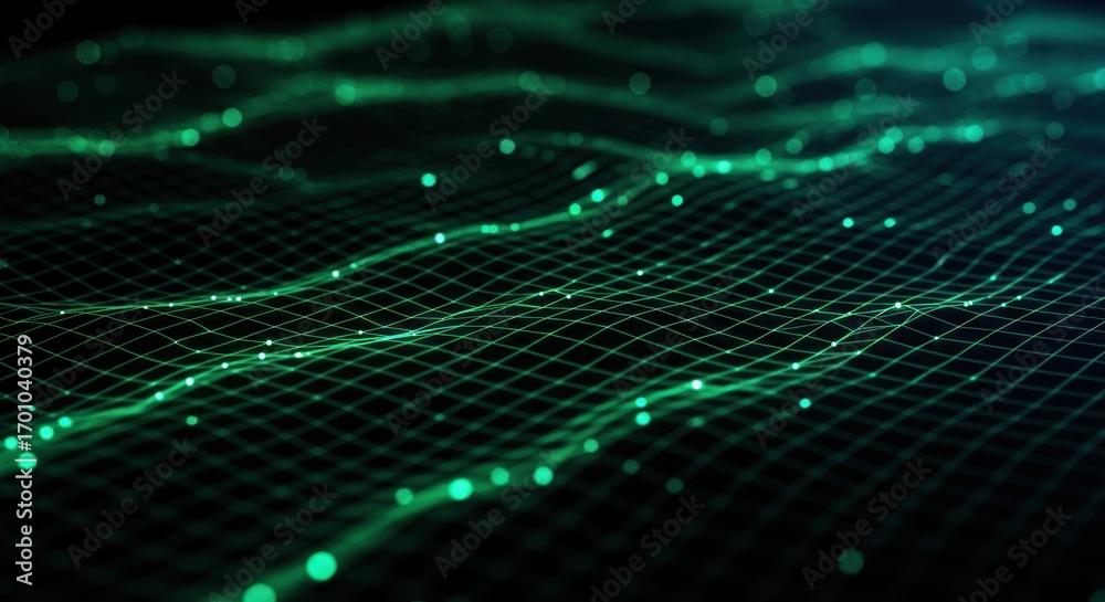 Wall mural abstract green network: futuristic digital grid with glowing dots
