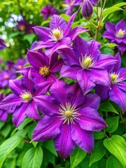 Vibrant violet clematis flowers blooming on a bush in a spring garden