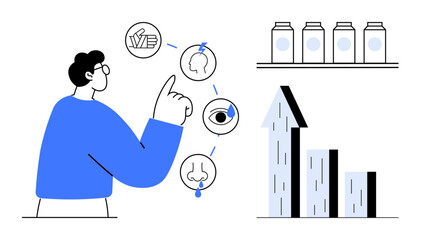 Man pointing at sensory icons for taste, hearing, sight, smell bar chart growth trend and product jars on shelf. Ideal for health, research, data, marketing, education analysis simple landing page