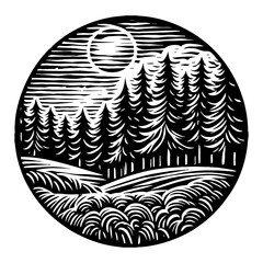 Forest Landscape with Pine Trees Hills and Sun in Circular Frame Black and White Outline Line Art Drawing